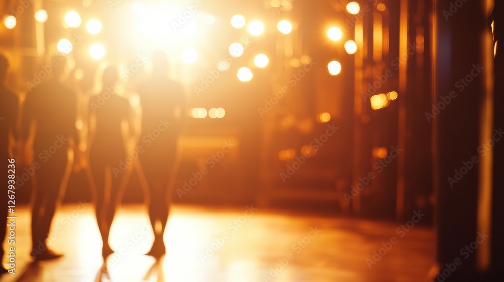 Poster cinematic action with actors moving through warm, illuminated stage in a theater setting during even