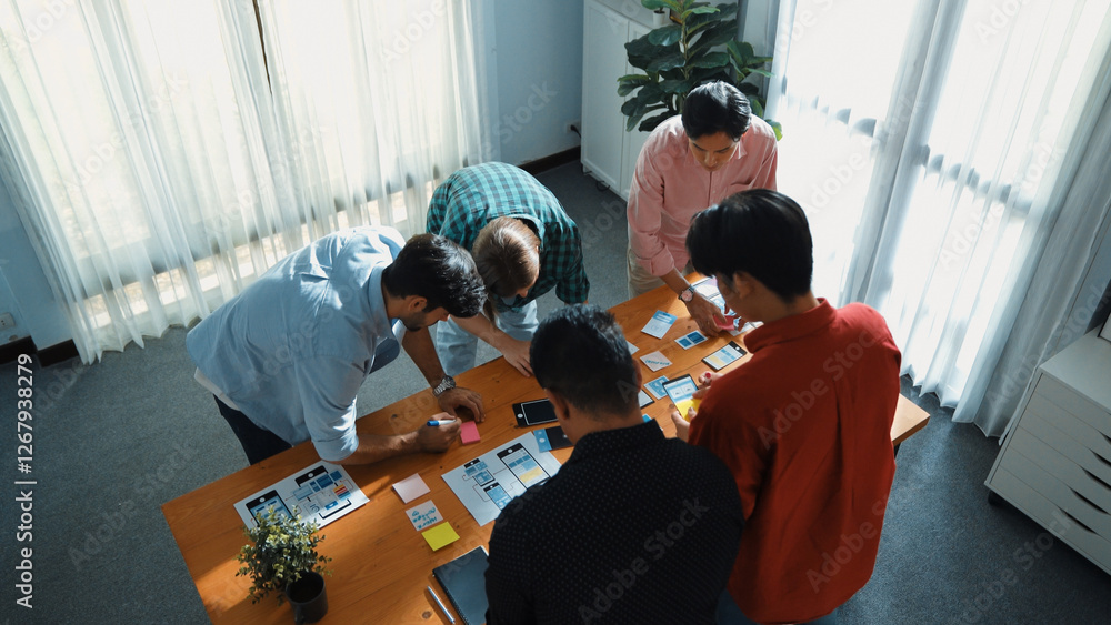 Aufkleber top down view of team working together to compare and plan ux ui design. creative diverse business p