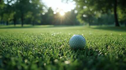 golf ball resting on vibrant green grass of a golf course on a sunny day, perfect for an outdoor sports session, offering a relaxing and scenic golfing experience