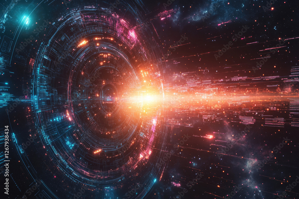 Poster Abstract digital art depicting a swirling vortex of data streams and glowing energy, symbolizing the vastness of digital information.