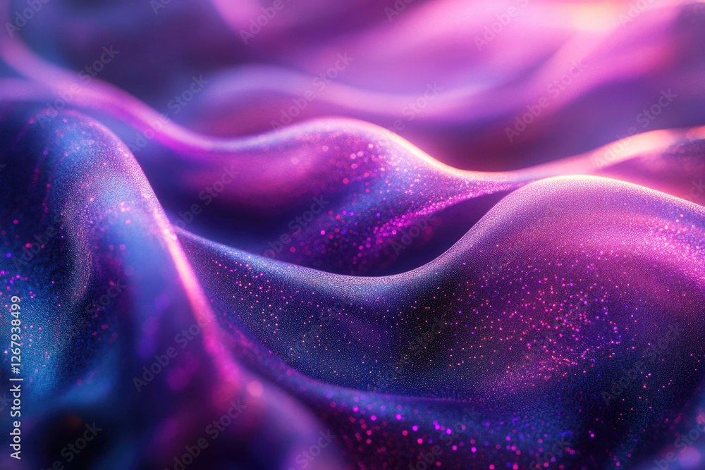 Poster Abstract image of glittering purple and blue fabric with soft waves and subtle light.