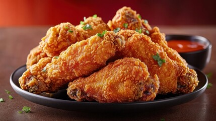 Crispy fried chicken wings with sauce.