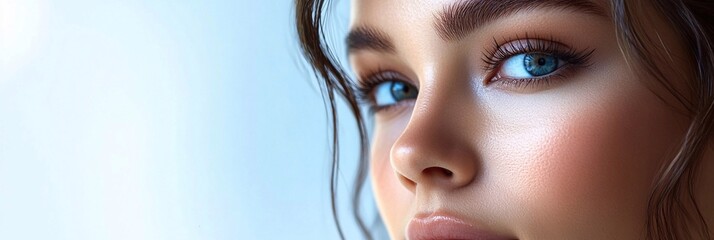 A confident young woman with perfectly defined eyebrows post-permanent makeup procedure, captured in a bright, modern beauty studio setting."

