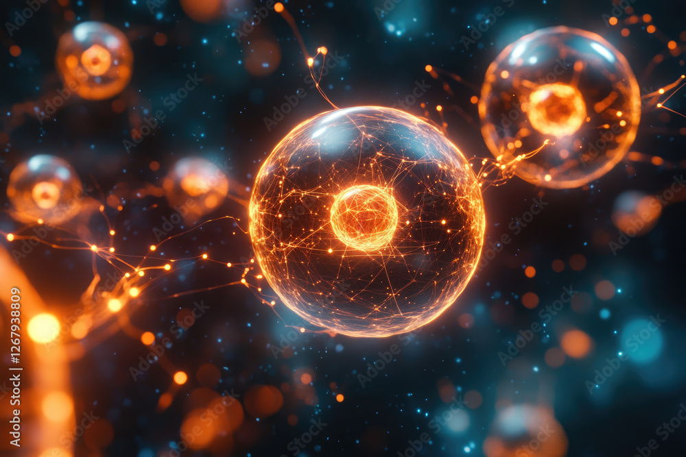 Poster abstract artwork depicting interconnected glowing spheres, symbolizing cellular networks or cosmic s