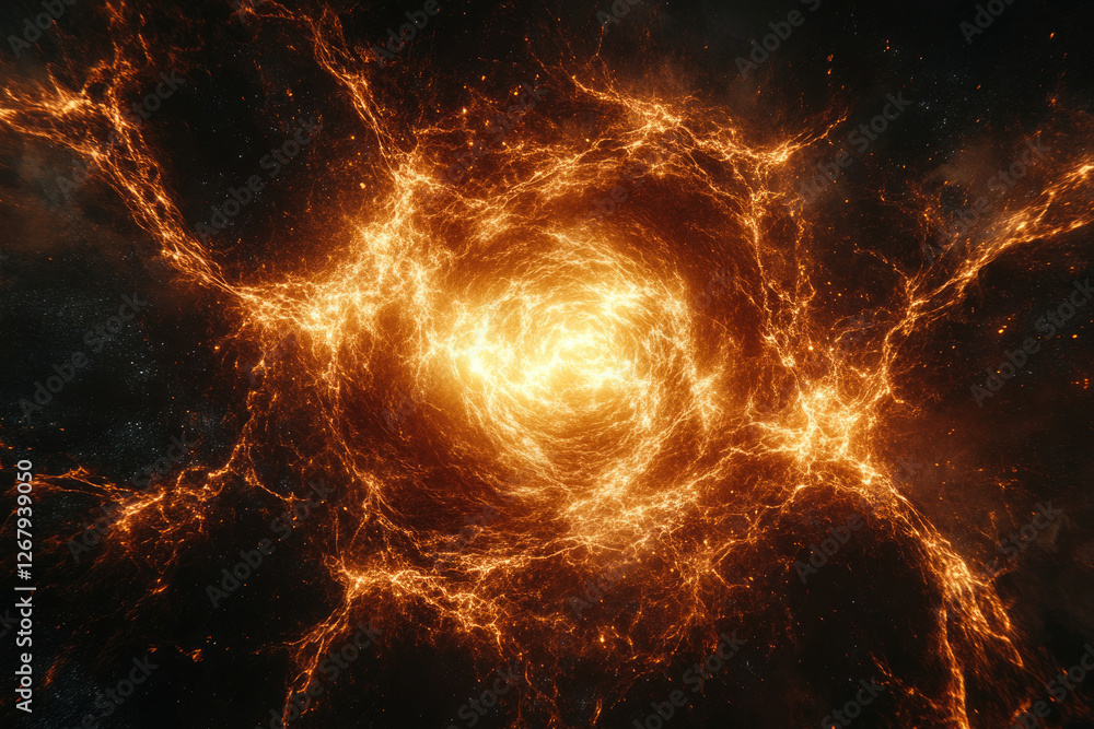 Poster Fiery cosmic swirl, energy vortex in deep space, glowing nebula with intricate patterns.