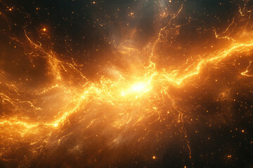 A vibrant cosmic energy stream flows through a dark space, illuminating the surrounding nebula with golden light.