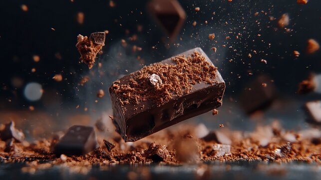 Chocolate breaking apart revealing texture and crumbs in a close-up view during a culinary session