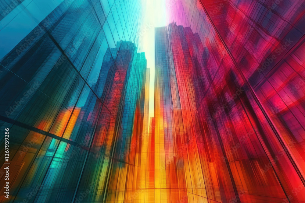 Poster vibrant city skyscrapers reflected in colorful glass buildings, creating an abstract and dynamic urb