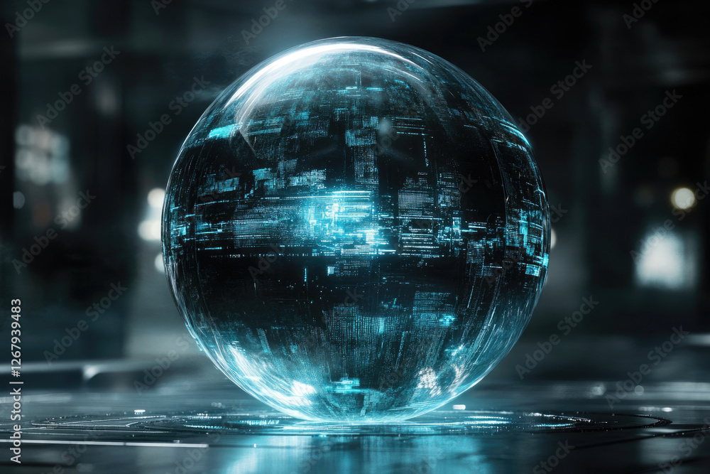 Poster A translucent sphere displays intricate, glowing cyan data streams, suggesting advanced technology or digital information.