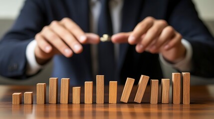 Brokers assessing client risk tolerance using wooden blocks in a professional office setting