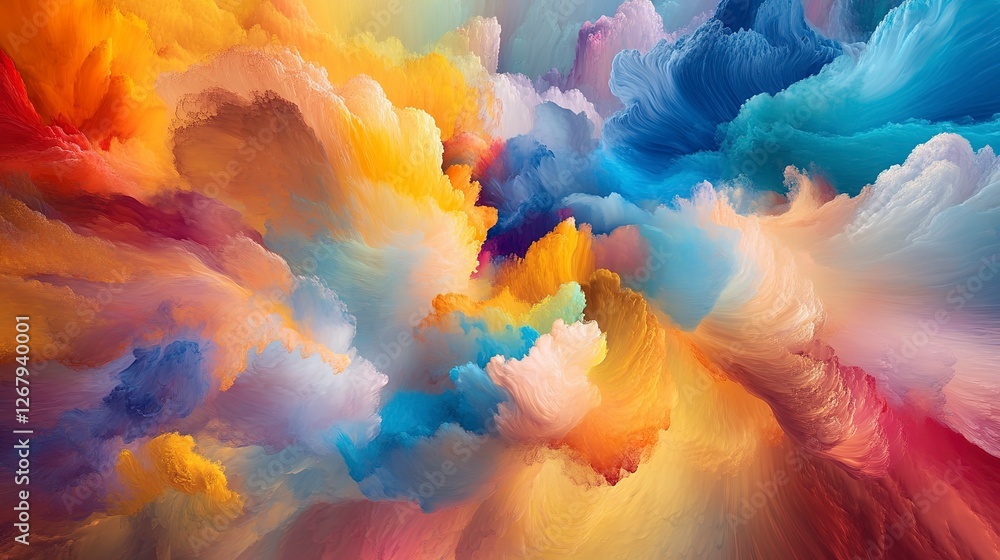 Poster vibrant colors splash and swirl, creating abstract shapes in a lively display of art