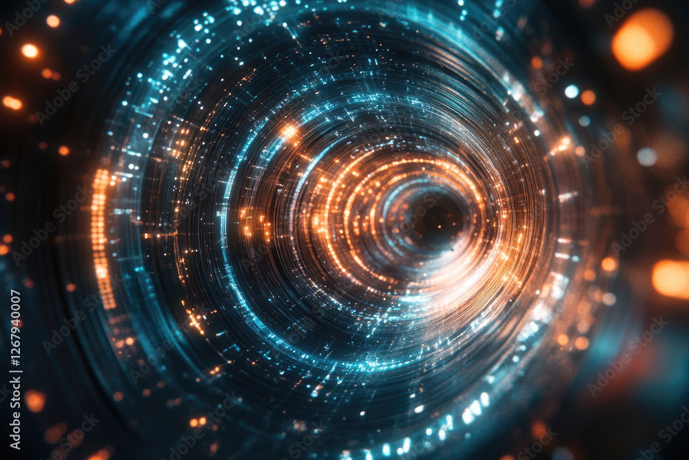 Poster abstract swirling tunnel of vibrant blue and orange light, creating a mesmerizing digital vortex.