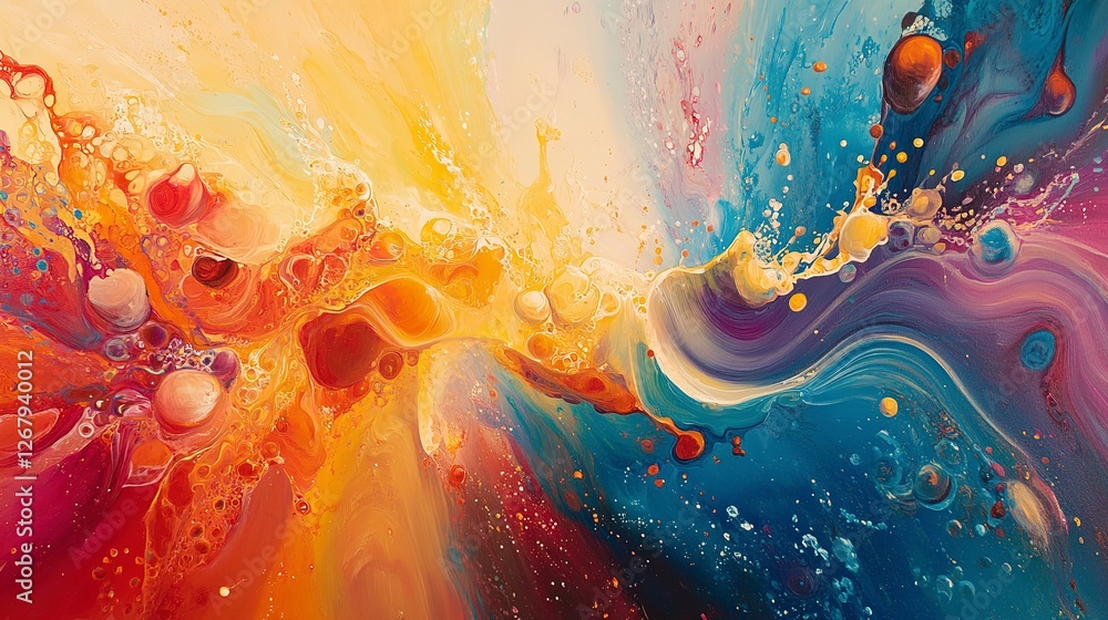 Poster vibrant paints in various colors splash into the air creating abstract shapes at an artistic event