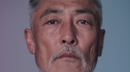 Fototapeta premium A dignified East Asian man gazes intently, showcasing his rich life experience against a softly lit backdrop