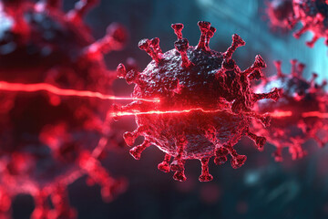 Microscopic view of a coronavirus being destroyed by a laser beam, symbolizing the fight against viral infections.