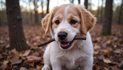 Playful puppy chewing on a stick in woodland area at dusk, joyfulness