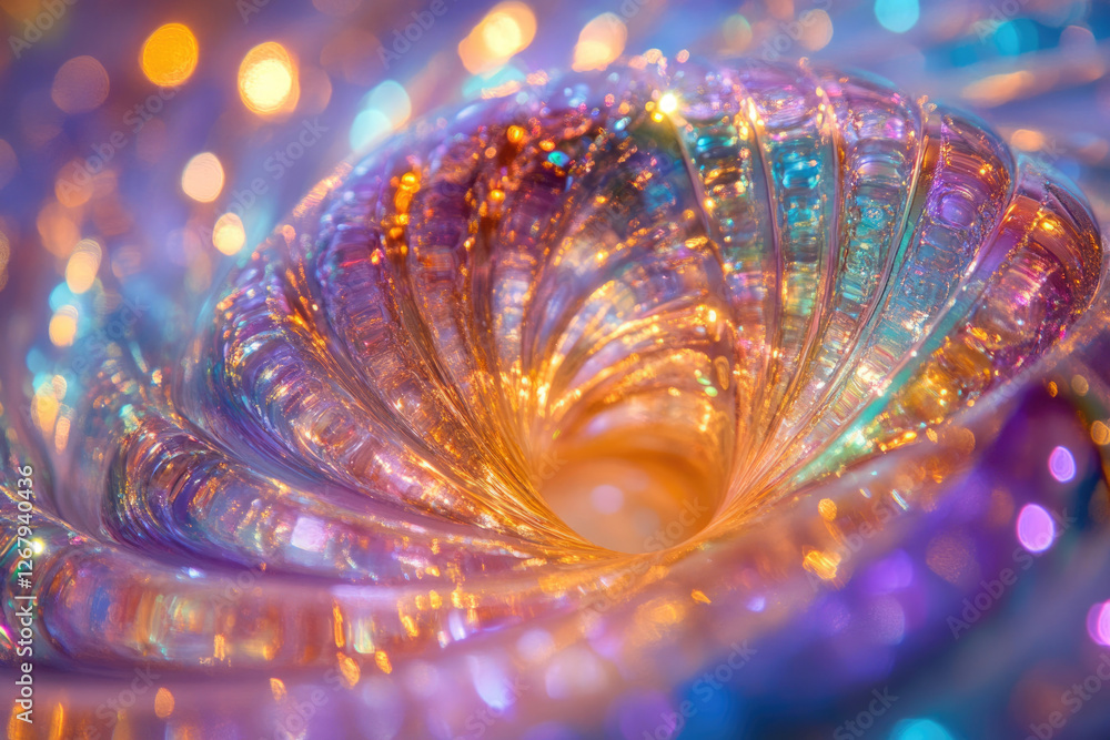 Poster a mesmerizing swirling vortex of iridescent glass, illuminated by warm and cool lights, creating a c