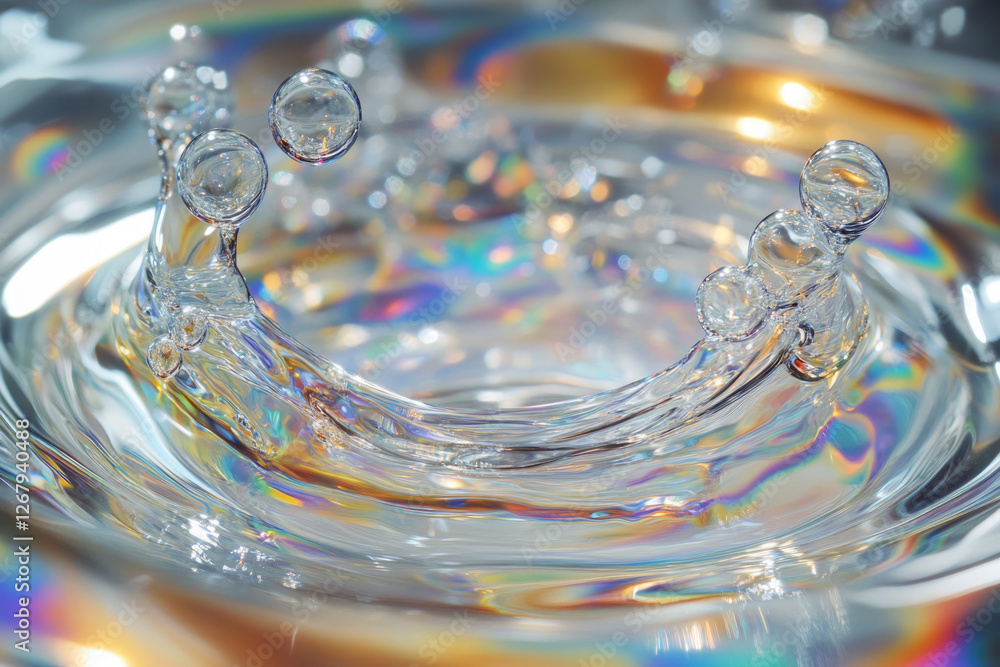 Poster a mesmerizing close-up of a water droplet impacting the surface, creating iridescent ripples and bub
