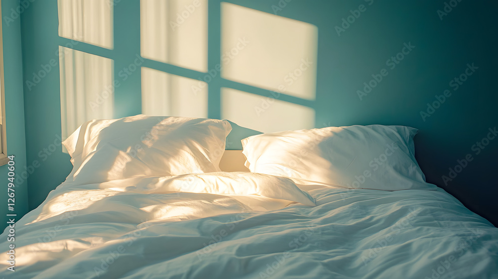 Poster sunlight is casting shadows of window on empty bed with white sheets and pillow in bedroom with turq