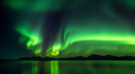 Stunning photograph of the Northern Lights over a calm lake, with green streaks in the sky and their reflection on the water, surrounded by dark silhouetted mountains.

