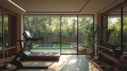 luxurious home gym with large windows overlooking backyard, contemporary fitness space with strength training and cardio machines in a bright and airy workout area