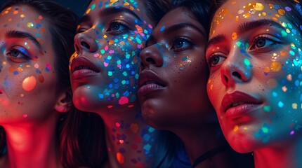 Obraz premium Vibrant Surreal Portrait Collage with Colorful Faces and Kaleidoscopic Lighting – Futuristic Abstract Realism