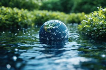 symbolic concept of planet Earth floating in water surrounded by dense green bushes.  