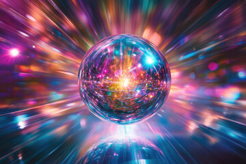 A vibrant, colorful sphere explodes with light and energy, creating a dazzling, dynamic scene.