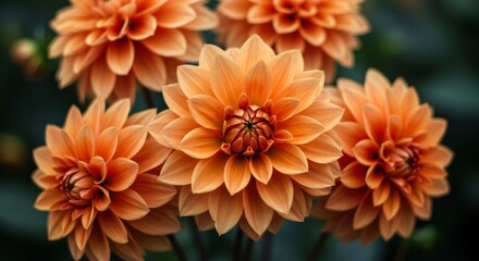 Obraz premium Close-up photograph of vibrant orange dahlia flowers in full bloom, with soft, dreamy background and delicate velvety petals.