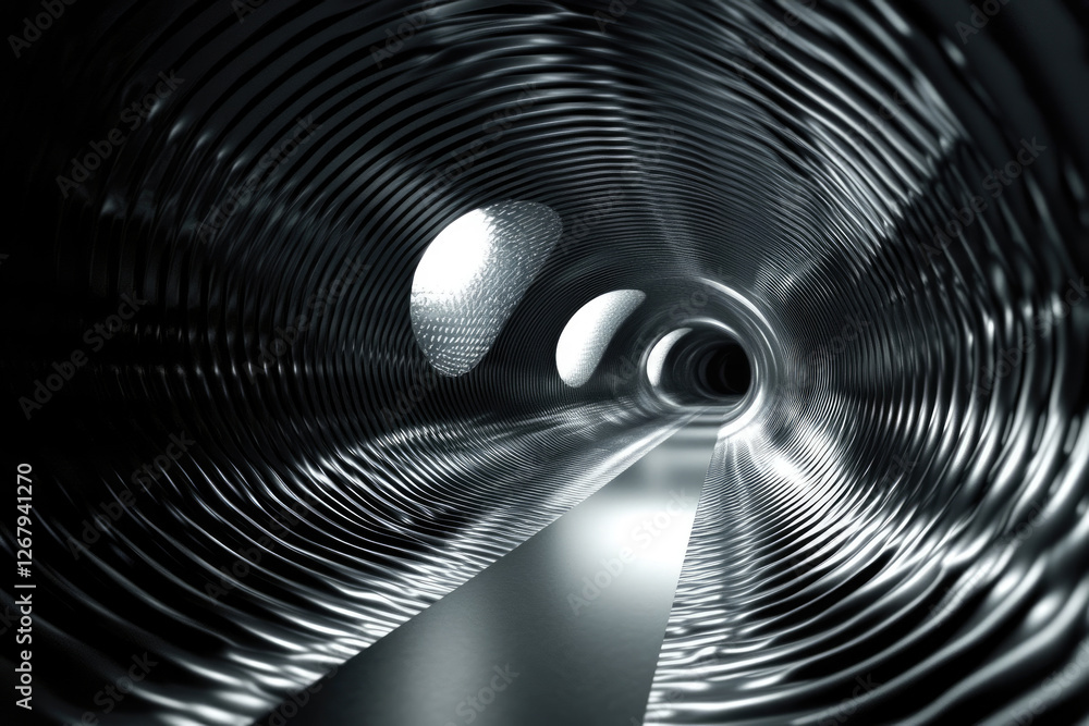 Poster Futuristic metallic tunnel with illuminated path and ribbed walls leading to a distant light.