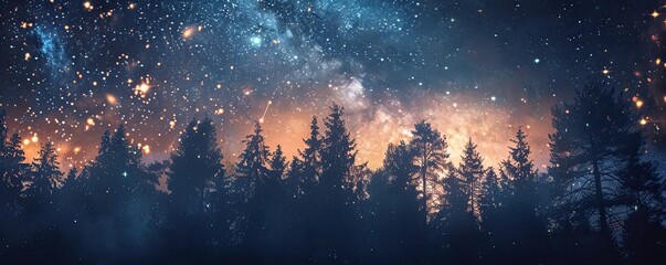 Magical night sky over silhouetted forest