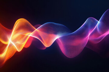 Fototapeta premium Abstract flowing wave of vibrant orange, red, and purple particles on a dark background.