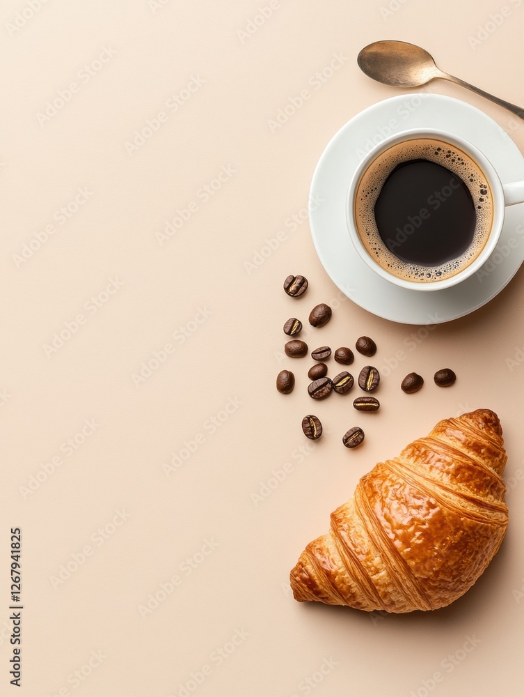 Poster enjoying a morning coffee with a fresh croissant and coffee beans on a minimalist flat lay setup. ge