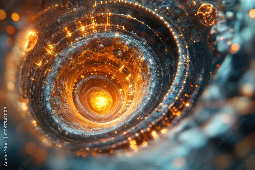 Poster abstract swirling vortex of glowing orange and blue energy, creating a mesmerizing cosmic tunnel eff