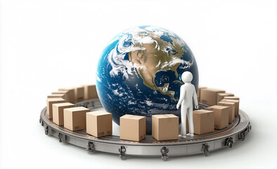 Earth Globe with Cardboard Boxes and a Miniature Figure on a Conveyor Belt
