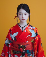 Fototapeta premium A young Japanese woman wears a traditional bright _001