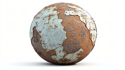 Rusty metal sphere, isolated, white background, texture