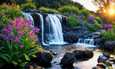Naklejka premium Romantic Waterfall and Pool in a Japanese-Inspired Garden – Tranquil Sunrise Over a Harmonious Landscape Design