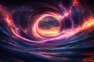 Obraz premium A swirling cosmic portal reveals a vibrant sunset, a mesmerizing blend of energy and serenity.
