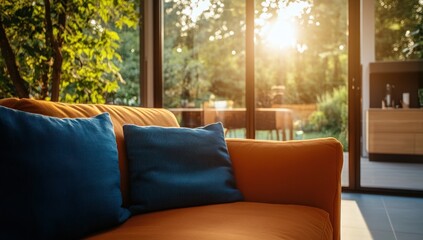Sunset Serenity: Cozy Living Room with Orange Sofa and Blue Pillows