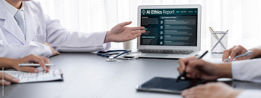 Poster ai ethics responsibility standard law and rules on computer screen provide report of ai ethic transp