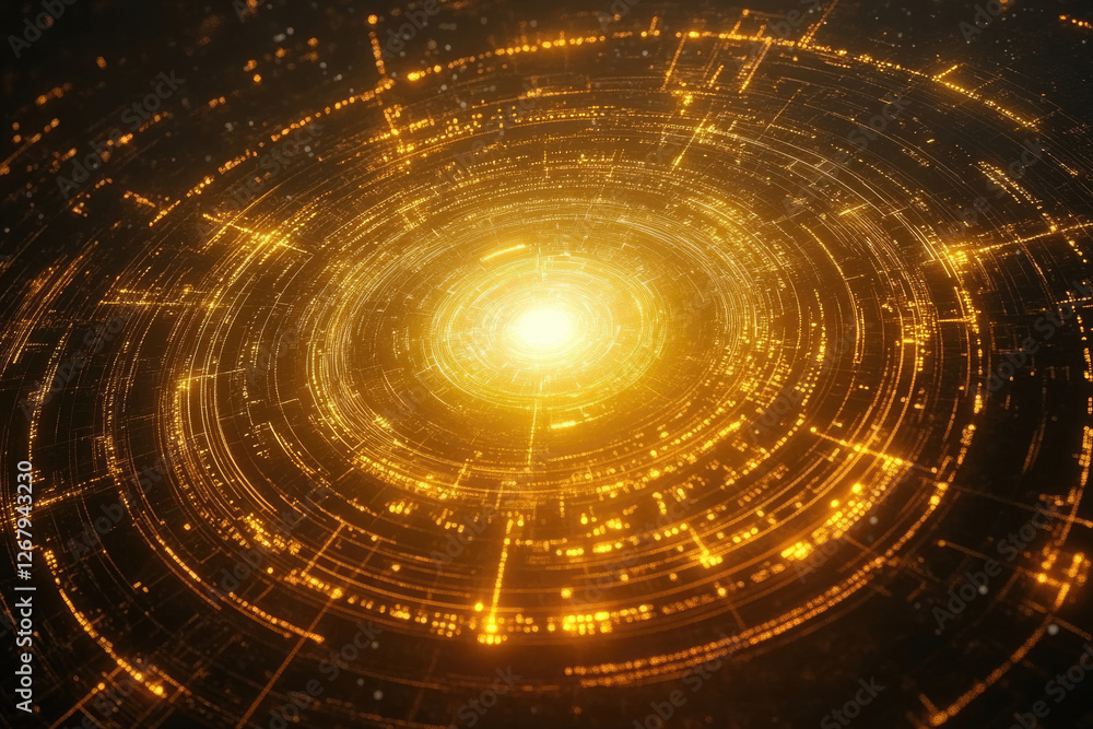 Poster Abstract glowing golden circular network, digital data streams, futuristic technology concept.