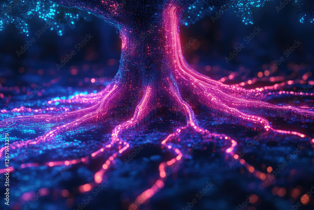 Poster a mesmerizing digital art depicting a glowing tree with vibrant pink and blue roots, symbolizing con