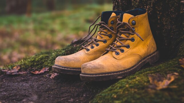 Vintage Yellow Boots Resting on Mossy Tree Trunk in Autumnal Forest - Powered by Adobe