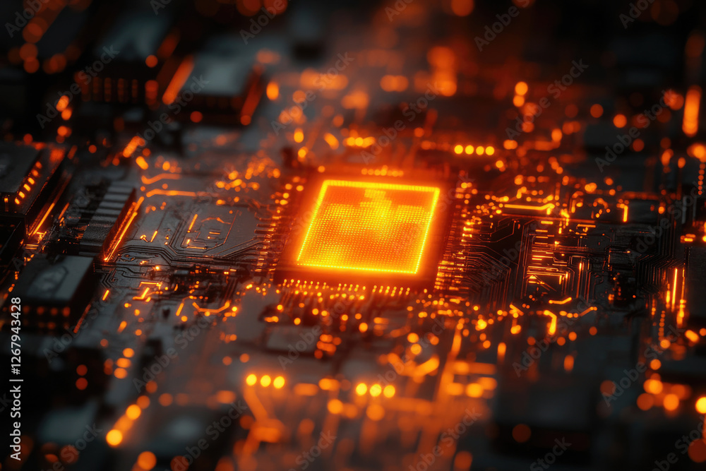 Poster Glowing CPU on a circuit board, showcasing advanced technology and digital processing power.