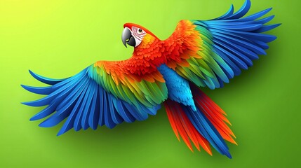 Obraz premium Scarlet Macaw in flight, green background, vibrant plumage, tropical bird