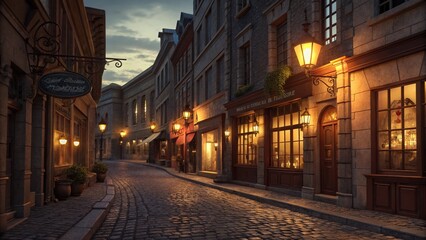 Fototapeta premium Historic European cobblestone street at night, warm lanterns casting long shadows, charming vintage storefronts. Ultra-detailed, high-resolution 8K.