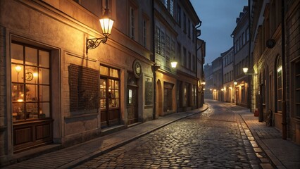 Fototapeta premium Historic European cobblestone street at night, warm lanterns casting long shadows, charming vintage storefronts. Ultra-detailed, high-resolution 8K.