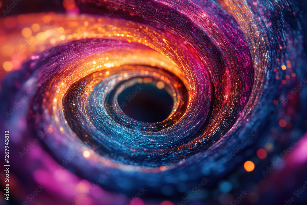Poster a mesmerizing swirl of vibrant, glittering threads forming a colorful vortex, resembling a cosmic ne