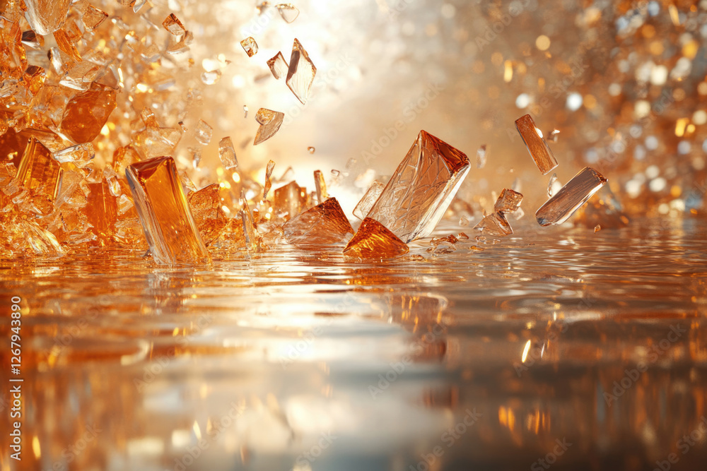 Poster Amber shards shatter and fall, creating a mesmerizing splash in a golden liquid.